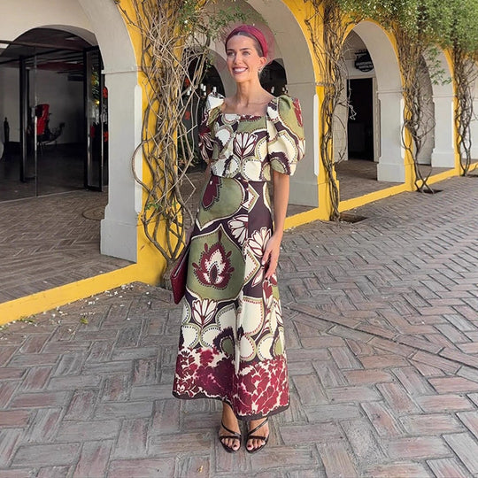 Damen Maxikleid-Set mit Puffärmeln, tailliertem Midriff und floral-geometrischem Print Shop Nory