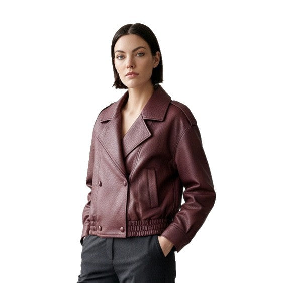 Damen Boxy-Lederimitat-Blouson mit strukturierter Narbung, doppelreihiger Knopfleiste & elastischem Saum Shop Nory