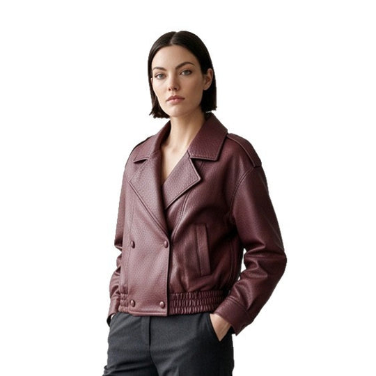 Damen Boxy-Lederimitat-Blouson mit strukturierter Narbung, doppelreihiger Knopfleiste & elastischem Saum Shop Nory