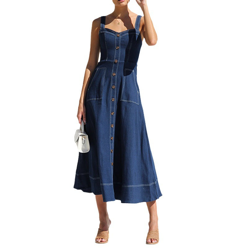 Damen langes Jeanskleid mit Knopfleiste und praktischen Taschen