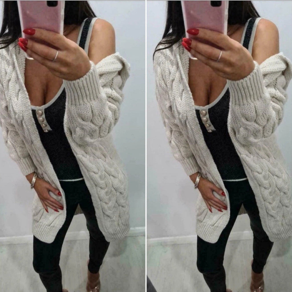 Damen lange Strickjacke mit Kapuze und Zopfdesign
