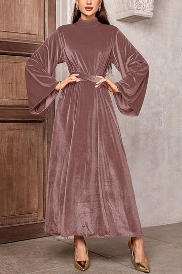 Damen Maxikleid aus Samt mit Stehkragen, weitem Glockenärmel und Taillengürtel Shop Nory