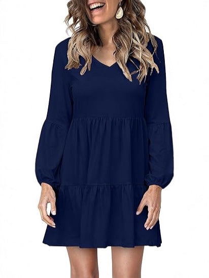 Damen Stufiges Mini-Kleid mit V-Ausschnitt und Ballonärmeln Shop Nory