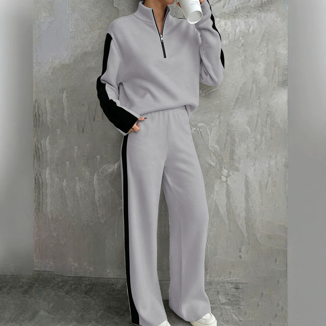 Damen Zweiteiliges Lounge‑Set mit Halbreißverschluss, Kontraststreifen und weitem Palazzo‑Schnitt Shop Nory