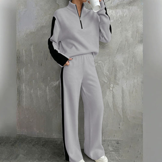 Damen Zweiteiliges Lounge‑Set mit Halbreißverschluss, Kontraststreifen und weitem Palazzo‑Schnitt Shop Nory