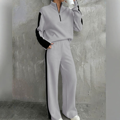 Damen Zweiteiliges Lounge‑Set mit Halbreißverschluss, Kontraststreifen und weitem Palazzo‑Schnitt Shop Nory