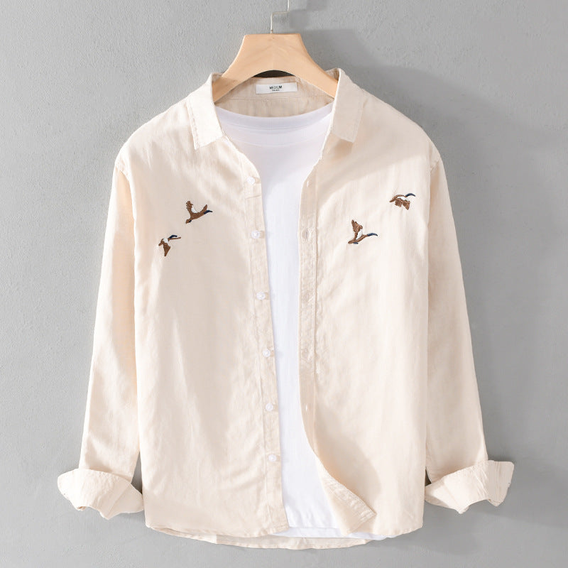 Herren Leichtes Leinenhemd mit feiner Vogelstickerei und Relaxed Fit Shop Nory