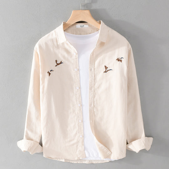 Herren Leichtes Leinenhemd mit feiner Vogelstickerei und Relaxed Fit Shop Nory