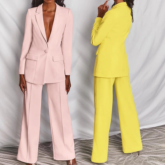 Damen nan eleganter Longline-Blazer mit tiefem V-Ausschnitt und weitem Palazzo-Hosenanzug Shop Nory