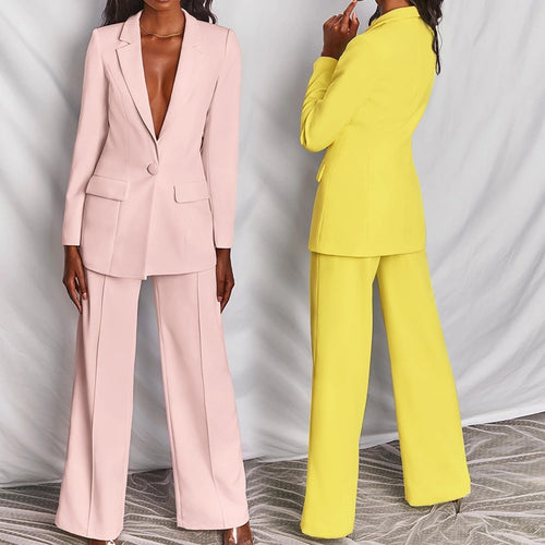 Damen nan eleganter Longline-Blazer mit tiefem V-Ausschnitt und weitem Palazzo-Hosenanzug Shop Nory