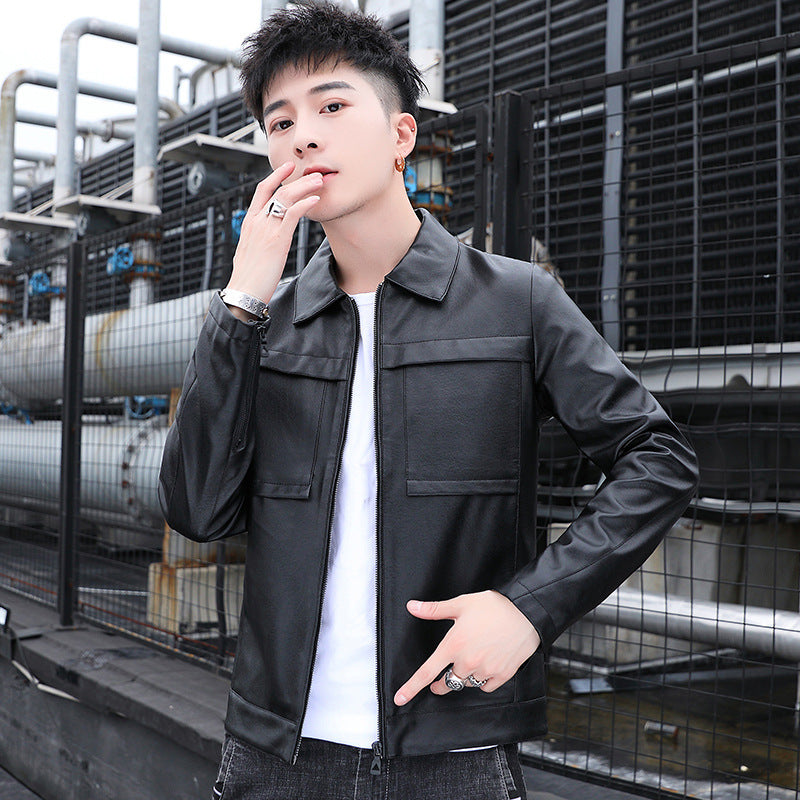 Herren schlanker Kunstleder-Truckerblouson mit Pattentaschen und verdecktem Reißverschluss Shop Nory