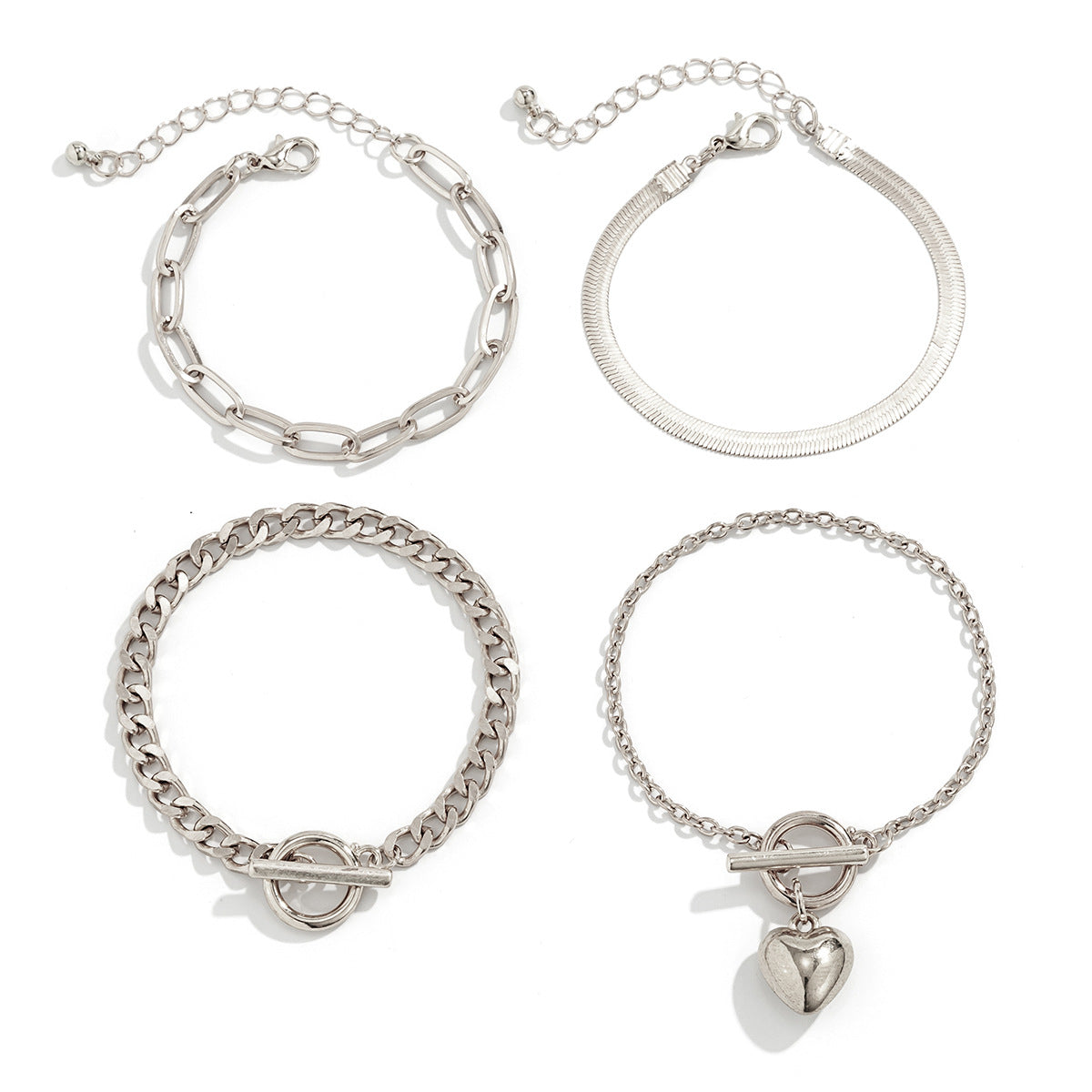 Damen Armband-Set mit herzförmigem Anhänger und verschiedenen Kettenstrukturen
