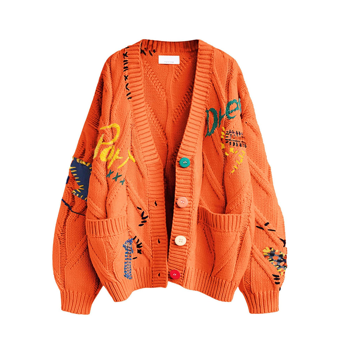 Damen Stylischer Strickcardigan mit bunten Knöpfen und aufwendigem Design