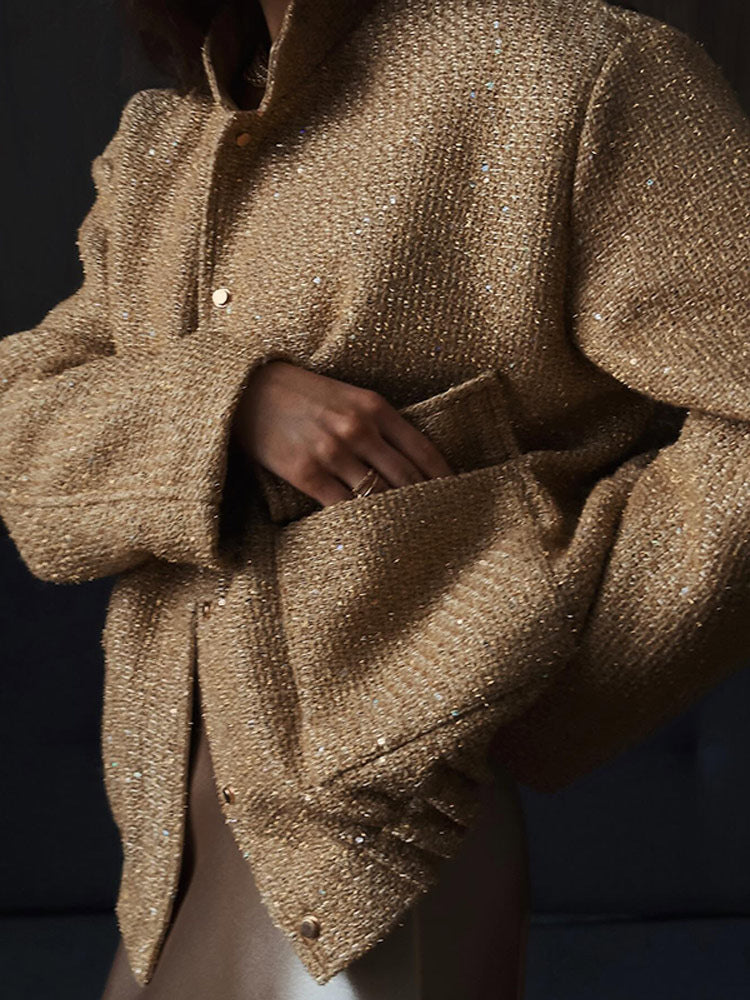 Damen Glamouröse Glitzerjacke mit oversized Schnitt und modischen Taschen