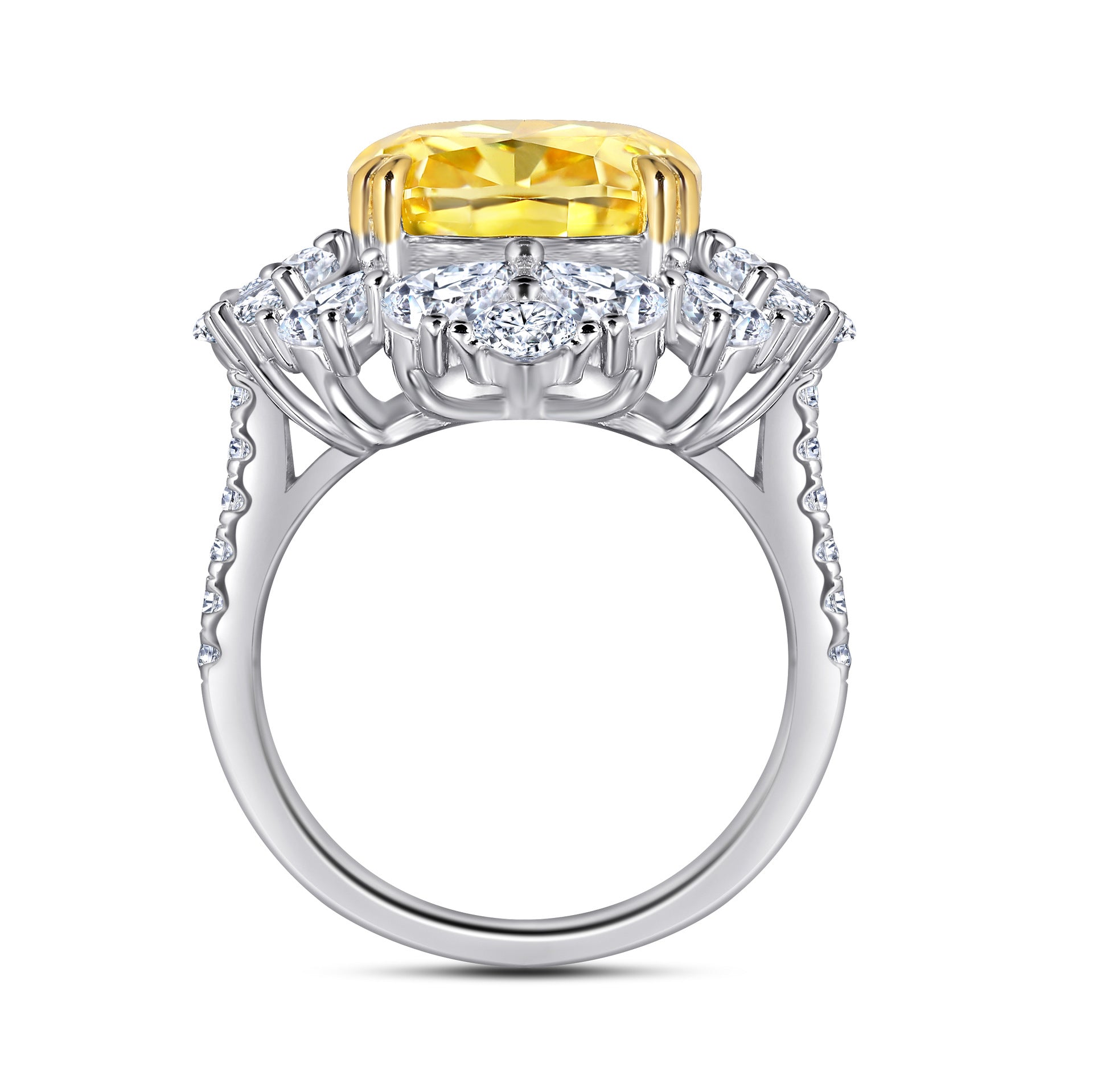 Damen eleganter Ring mit strahlendem gelben Hauptstein und hochwertigem Zirkonia-Besatz Shop Nory