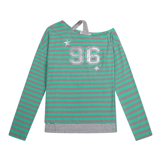 Damen Gestreiftes Langarmshirt mit asymmetrischem Ausschnitt, Lagenoptik und Metallic-Print Shop Nory