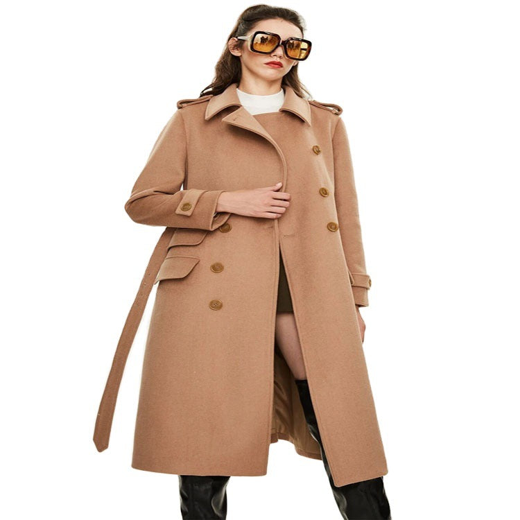 Damen taillierter A‑Linien Trenchcoat aus Woll‑Kaschmirmix mit Taillengürtel und Patten Shop Nory