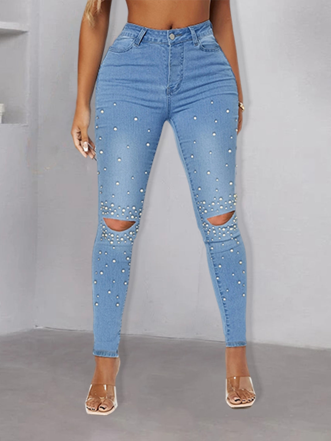 Damen perlenverzierte High‑Waist Skinny‑Jeans mit Knieausschnitten Shop Nory