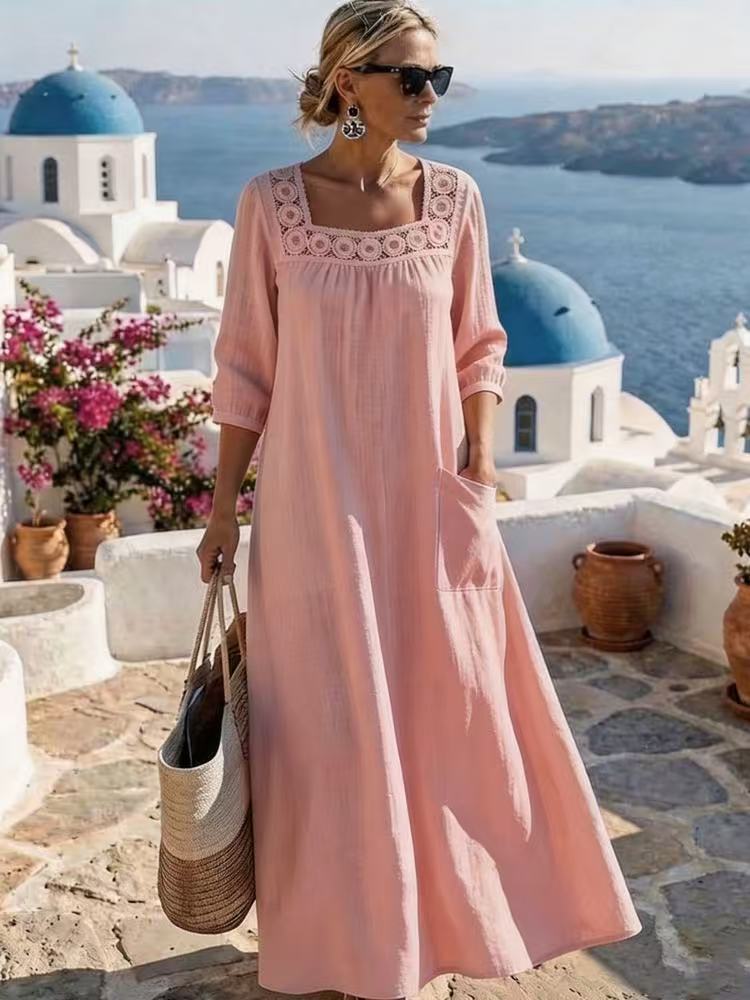 Damen Maxikleid mit gehäkeltem Quadrat-Ausschnitt, dreiviertel Ärmeln und Eingrifftasche Shop Nory