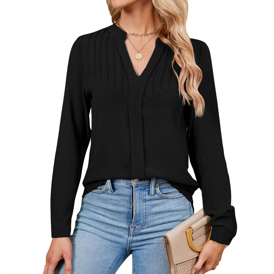 Damen Feine Viskose-Langarmbluse mit Kellerfalten am Oberteil und verdeckter Knopfleiste Shop Nory