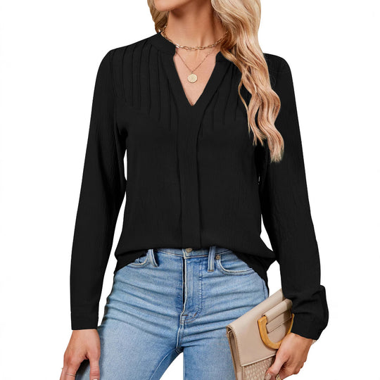 Damen Feine Viskose-Langarmbluse mit Kellerfalten am Oberteil und verdeckter Knopfleiste Shop Nory