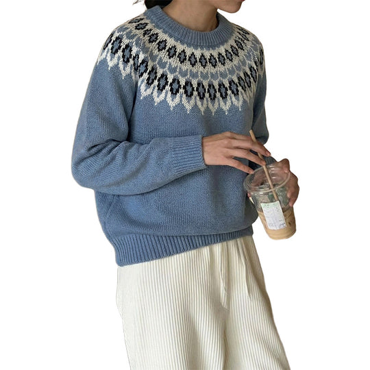 Damen Rundhals-Pullover mit Jacquard-Yoke und Relaxed-Fit Shop Nory