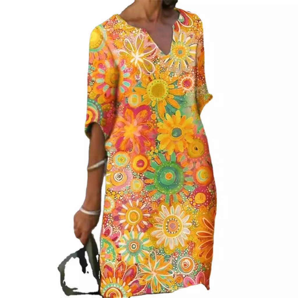 Damen lässiges Freizeitkleid mit floralen Mustern und V-Ausschnitt Shopnory