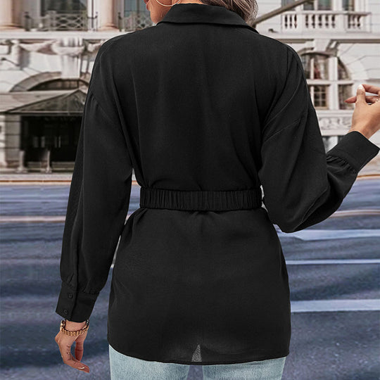 Damen Hemdblusenshirt mit elastischem Taillenband und Schmuckschließe Shop Nory