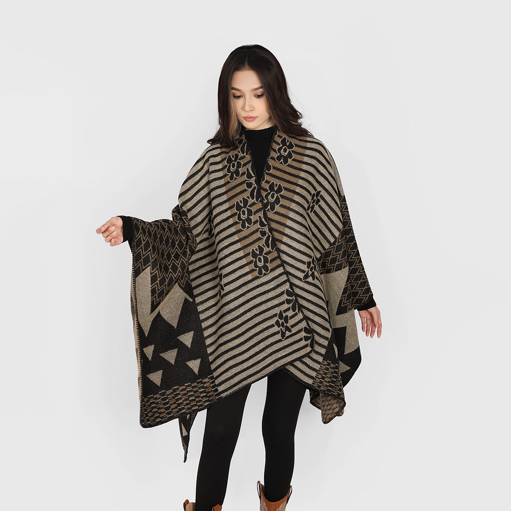 Damen Oversize Jacquard‑Ruana im Ethno‑Patchwork‑Design Shop Nory