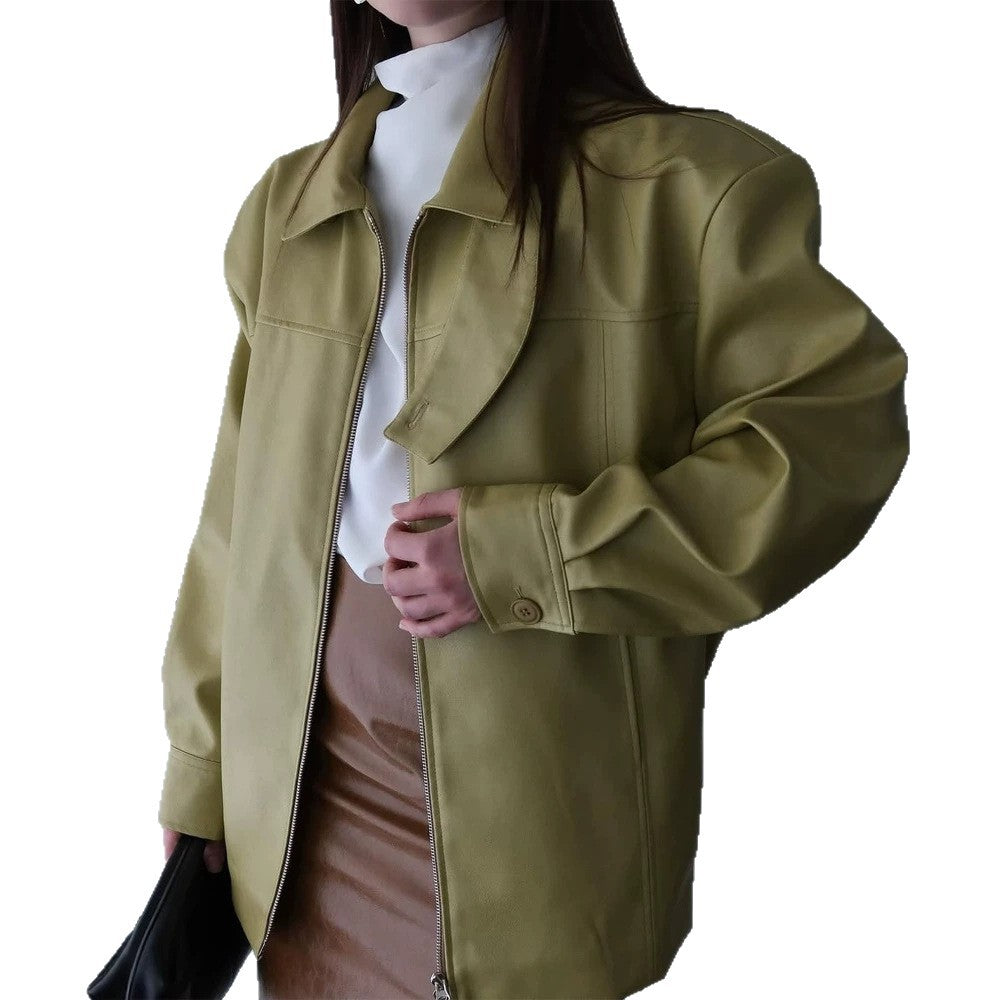 Damen Boxy-Kunstlederjacke mit hohem Stehkragen, Frontzip und Taillenschärpe Shop Nory