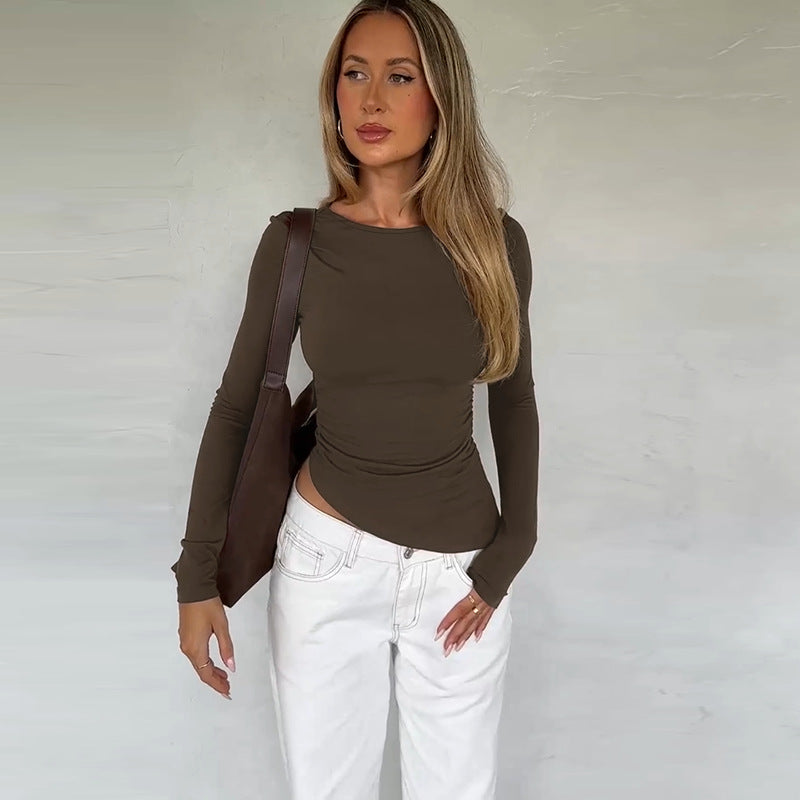 Damen asymmetrisches gerafftes bauchfreies Langarmshirt Shop Nory