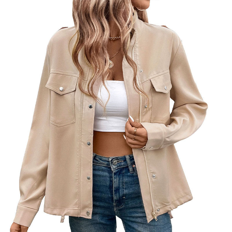 Damen Oversize-Hemdjacke Shacket mit Druckknopf‑Front, Brusttaschen und Zwei-Wege-Reißverschluss Shop Nory
