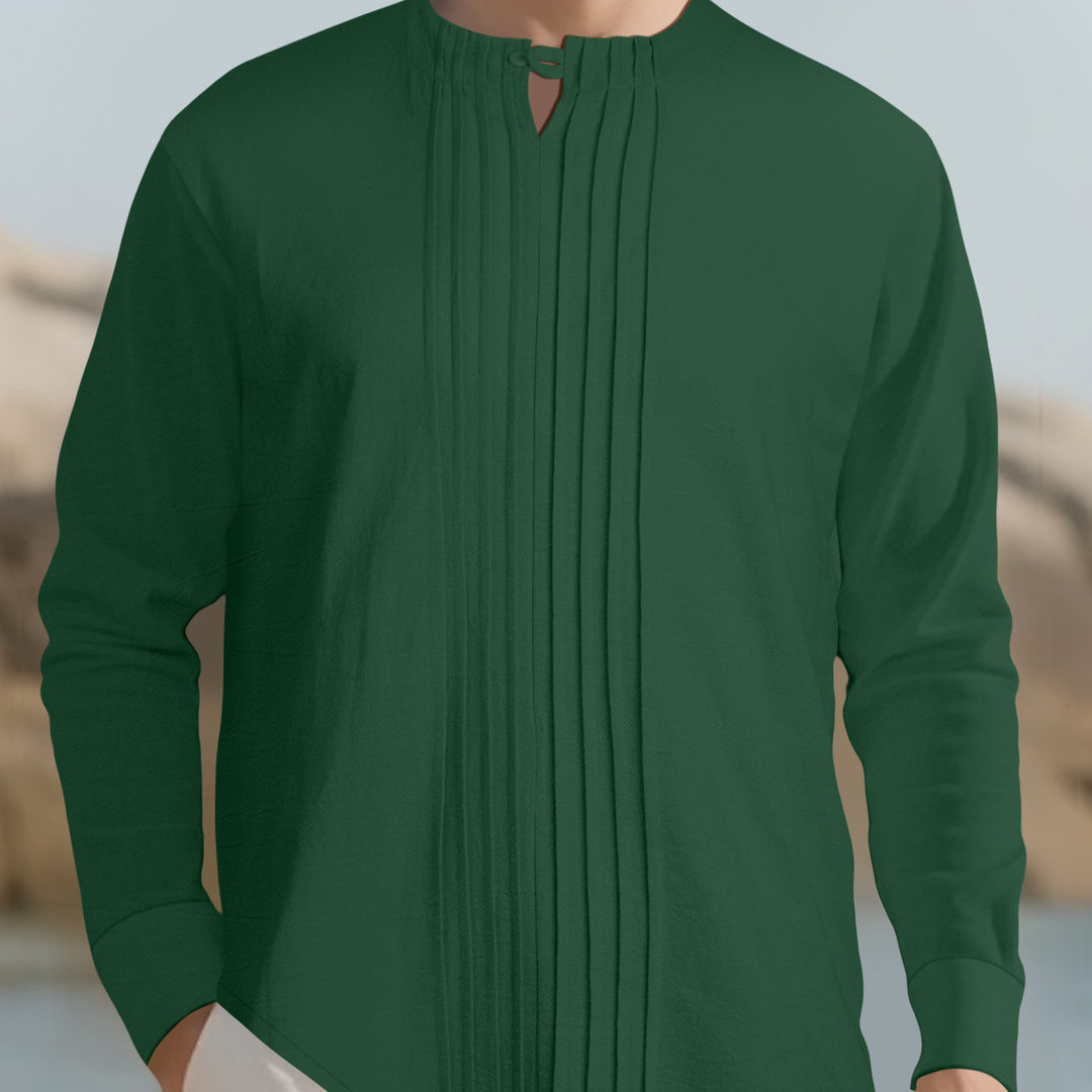 Herren Leichtes Langarmshirt im Leinenlook mit Stehkragen, Kellerfalten und Schlaufenverschluss Shop Nory