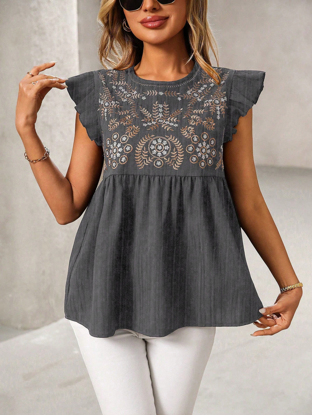 Damen Lockeres besticktes Babydoll-Top mit Rüschenärmeln Shop Nory