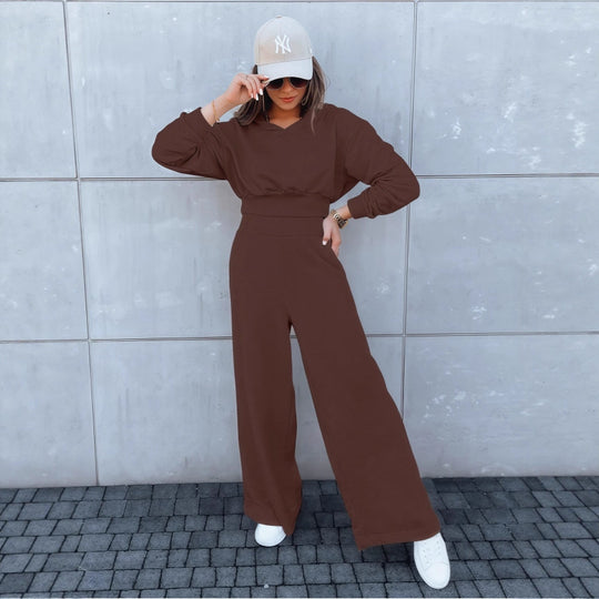 Damen Loungewear-Set mit Cropped V‑Ausschnitt-Pullover und hochtaillierter Palazzohose Shop Nory