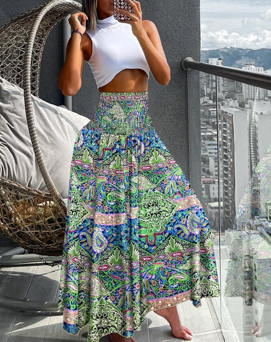 Damen Maxirock mit hohem Smockbund und weitem Boho-Print Shop Nory