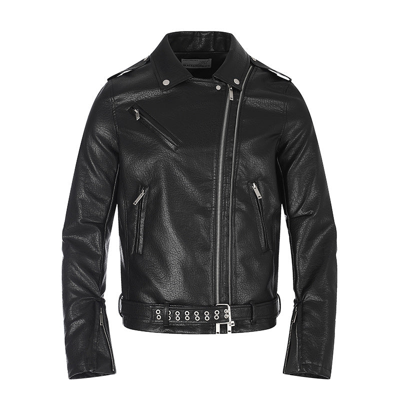Herren taillierte Bikerjacke aus Kunstleder mit asymmetrischem Reißverschluss und Nieten-Taillengürtel Shop Nory
