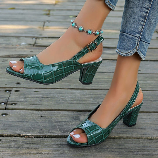 Damen elegante Peeptoe-Slingback Sandalen mit mittelhohem Blockabsatz Kroko-Lackleder-Optik Shop Nory