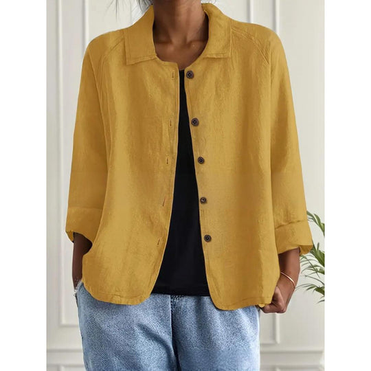 Damen Leichte Leinenoptik-Bluse mit lockerer Passform, 3/4-Ärmeln und Knopfleiste Shop Nory