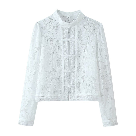 Damen Spitze Jacke mit Stehkragen, chinesischen Knoten und transparentem Floral-Design Shop Nory