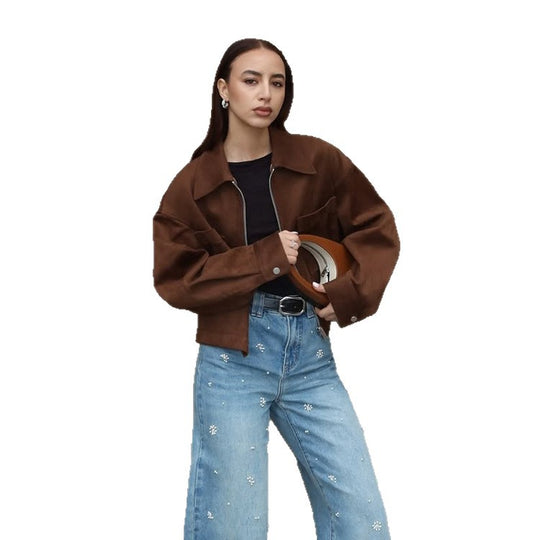 Damen Kurze Veloursleder‑Optik Jacke mit Reißverschluss und Oversize‑Ärmeln Shop Nory
