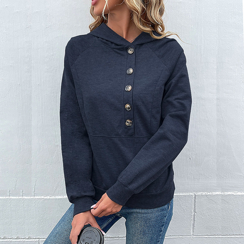 Damen Kapuzenpullover mit Zierknopfleiste, Raglanärmeln und Kängurutasche Shop Nory