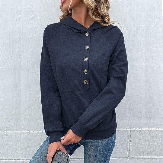 Damen Kapuzenpullover mit Zierknopfleiste, Raglanärmeln und Kängurutasche Shop Nory