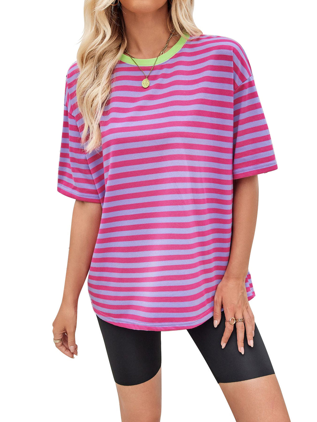 Damen gestreiftes Oversize T-Shirt mit Rundhalsausschnitt und Kontrastdetails