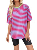 Damen gestreiftes Oversize T-Shirt mit Rundhalsausschnitt und Kontrastdetails