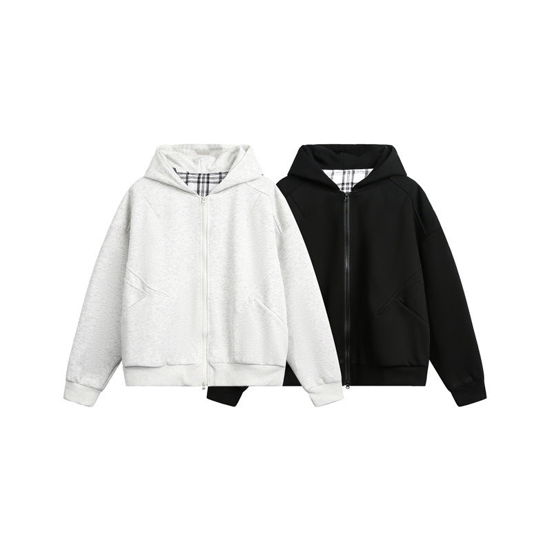 Unisex Kapuzen‑Sweatjacke mit Zweiwege‑Reißverschluss und kariertem Kapuzenfutter Shop Nory