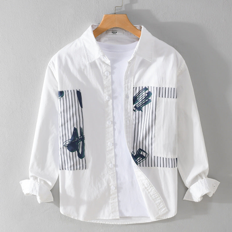 Herren Casual-Overshirt aus Baumwollpopeline mit gestreiften Patch-Einsätzen und Pinselprint Shop Nory