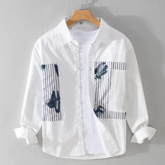 Herren Casual-Overshirt aus Baumwollpopeline mit gestreiften Patch-Einsätzen und Pinselprint Shop Nory