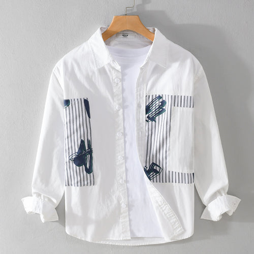 Herren Casual-Overshirt aus Baumwollpopeline mit gestreiften Patch-Einsätzen und Pinselprint Shop Nory