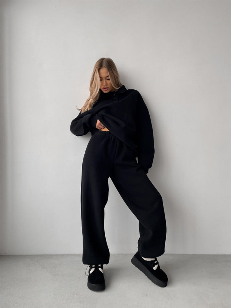 Damen Casual-Set aus schwerem French-Terry mit Polokragen-Cropped-Sweater und weitem High-Waist-Sweathose Shop Nory